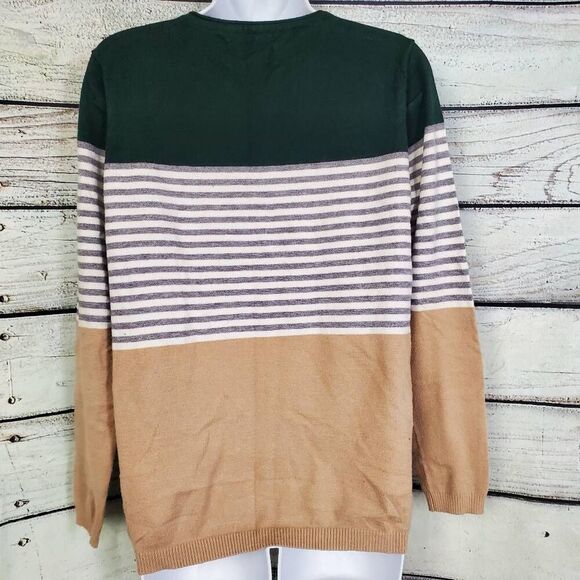 Staccato Sweater M Green Tan Stripe Pullover Lightweight Soft Casual Knit - Picture 3 of 6